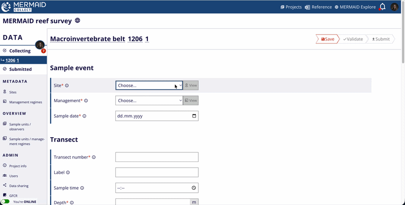 Dropdown menus for selecting site, management regime, and date.