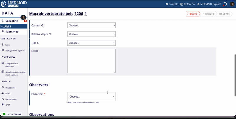Animated GIF showing how to assign observers to a sample unit in MERMAID Collect by selecting users from a dropdown list.