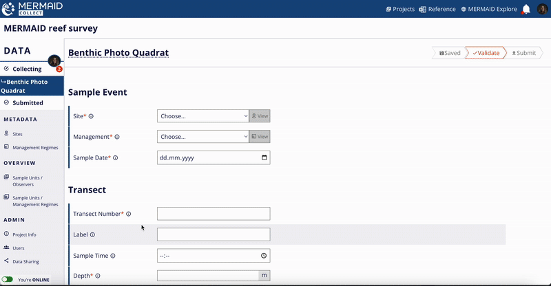 GIF showing how to upload photos in batch into a benthic photo quadrat sample unit.