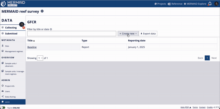 Animated GIF showing the GFCR page, the Create new menu, and the form for creating a target indicator set.
