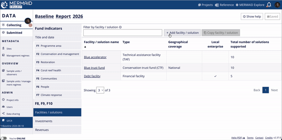 Animated GIF showing the Add Facility / solution form with Business solution selected and fields for sector, TAF use, local enterprise, and Gender 2X Criteria.
