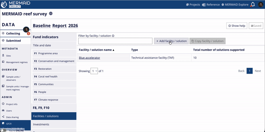 Animated GIF showing the Add Facility / solution form with Conservation trust fund selected and its required fields.