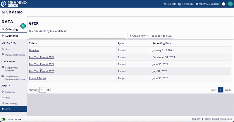 Select the report or target you wish to delete from the GFCR page.