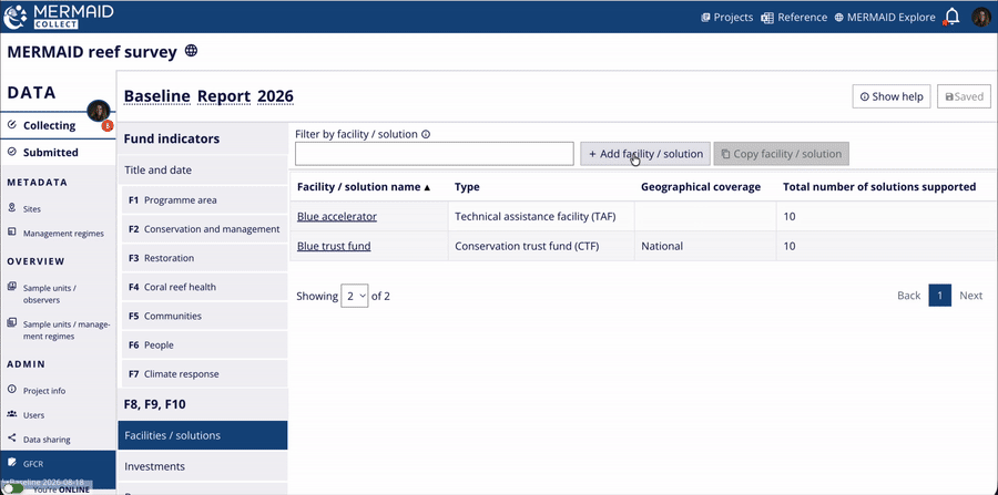 Animated GIF showing the Add Facility / solution form with Financial facility selected and its required fields.