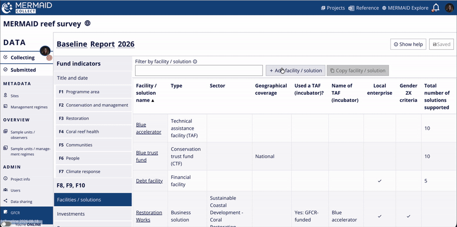Animated GIF showing the Add Facility / solution form with Financial mechanism solution selected and its required fields.