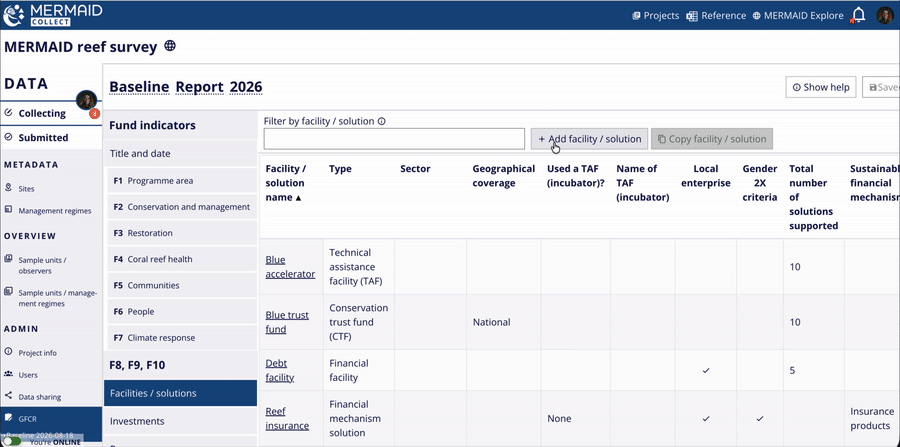 Animated GIF showing the Add Facility / solution form with Programmatic co-financing selected and its name field.
