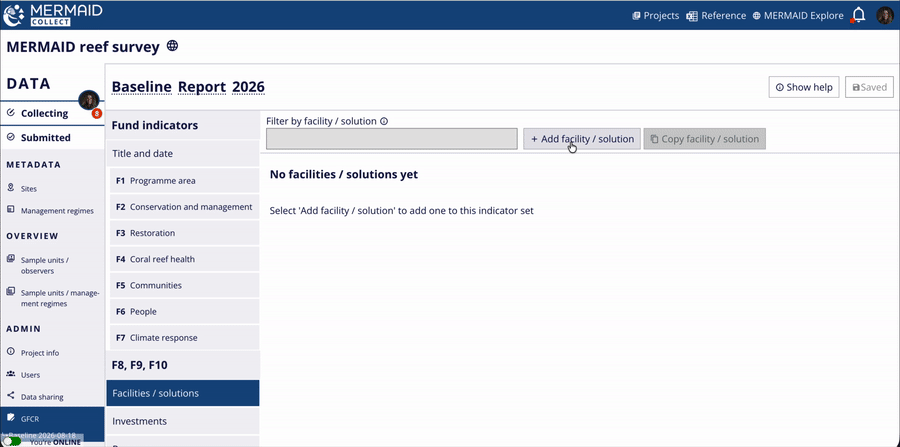 Animated GIF showing the Add Facility / solution form with Technical assistance facility selected and its required fields.