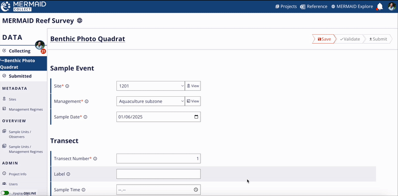 GIF showing how to upload photos in batch into a benthic photo quadrat sample unit.
