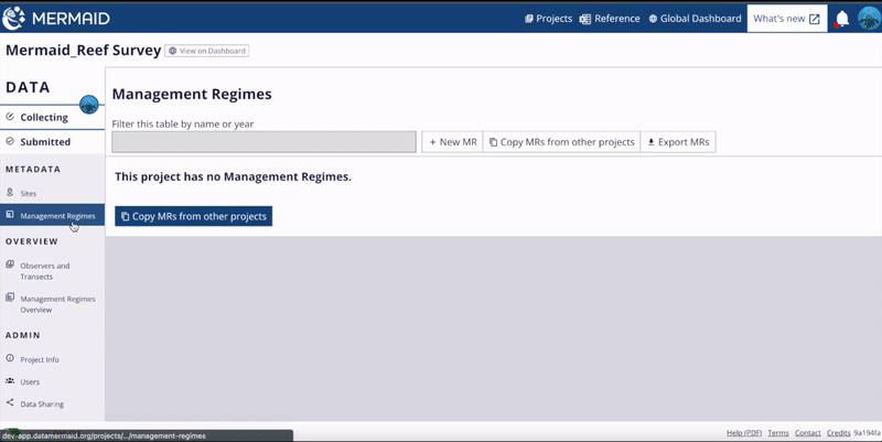 Adding management regime(s) by selecting from existing management regimes in MERMAID.