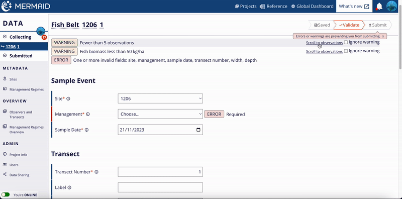 GIF showing clicking the check box saying Ignore warning to ignore a warning on a sample unit.