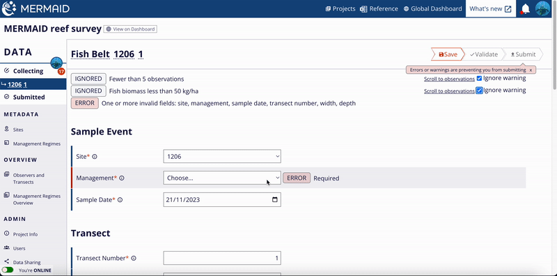 GIF showing how to address errors in a sample unit.