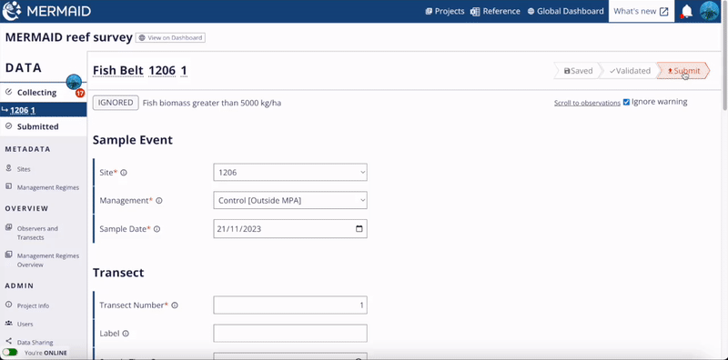 GIF showing submitting a sample unit by clicking on the Submit button after all warnings and errors have been addressed.