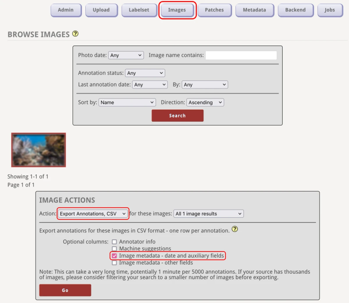 Ekspor data CoralNet Anda dengan kolom-kolom tambahan di CoralNet.