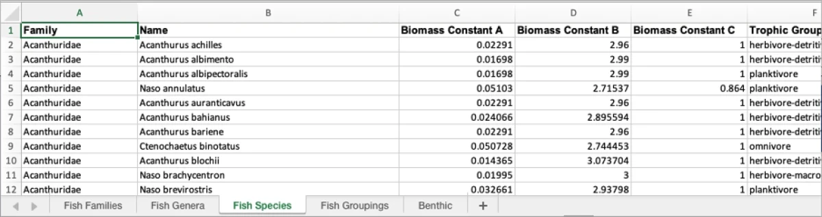 Referensi lembar kerja mermaid_attributes.xlsx mencakup lembar kerja yang berbeda untuk atribut ikan dan bentik yang tersedia untuk digunakan di MERMAID.